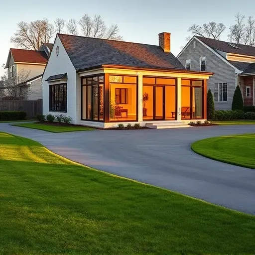 Beautiful finished home addition in Pasadena Maryland with large energy-efficient windows lush lawn landscaped shrubs driveway outdoor lighting surrounded by trees