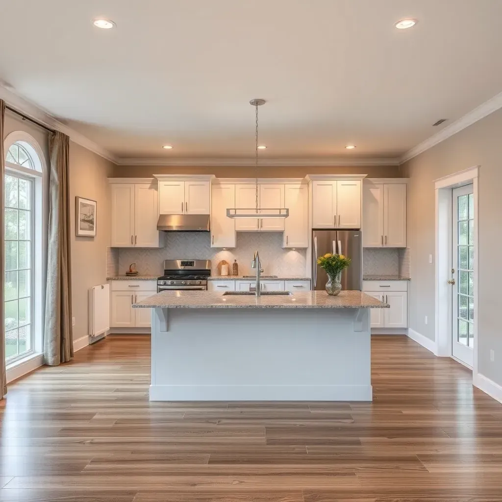 A modern interior in White Marsh, MD, during home renovation with fresh paint, open walls, tools, new cabinets, and natural light.