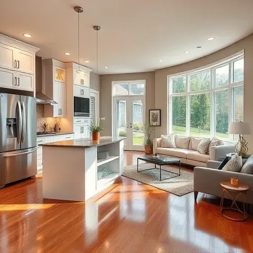 Renovated living space in Bowie MD features modern kitchen with high-end appliances, custom cabinetry, and hardwood floors.