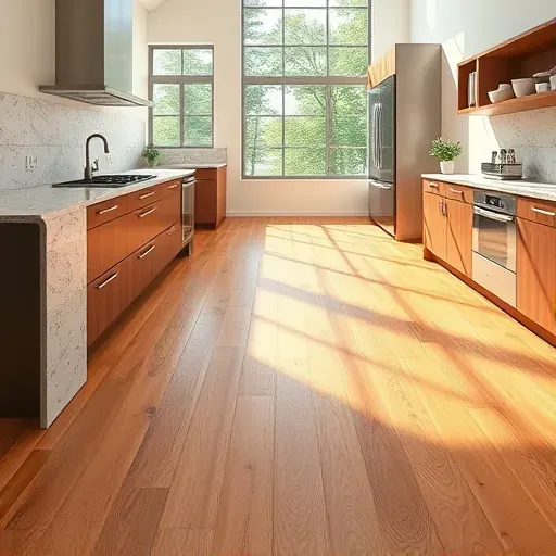 High-quality polished hardwood or luxury vinyl flooring in a modern Pasadena kitchen with granite countertops stainless steel appliances and natural light