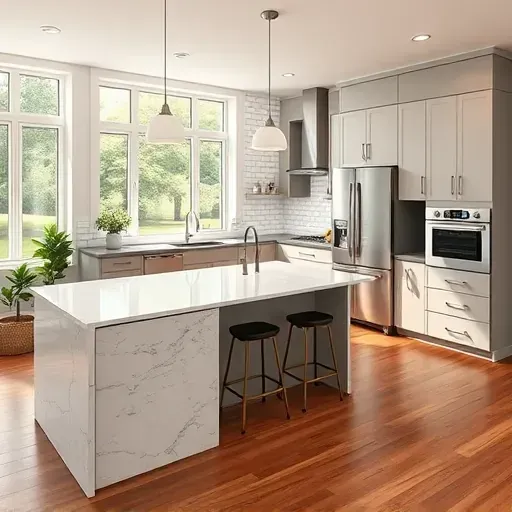 Renovated Clarksburg MD kitchen with granite counters, modern cabinetry, stainless appliances, hardwood flooring, and natural light