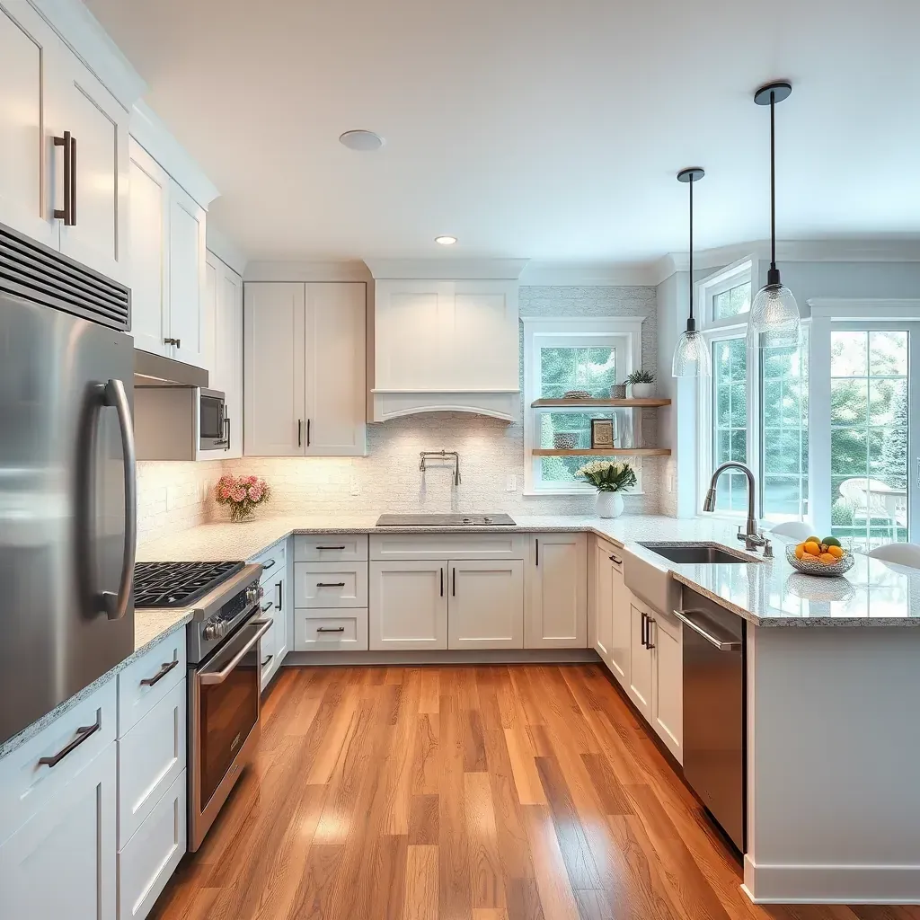 Modern Bethesda kitchen with wooden cabinets, quartz countertops, stainless steel appliances, large island, and backyard views.