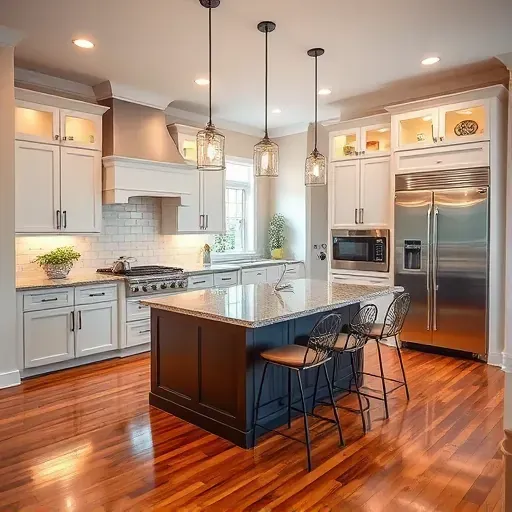 Modern kitchen remodel in Highland, MD featuring sleek cabinetry, granite countertops, and stylish pendant lighting.