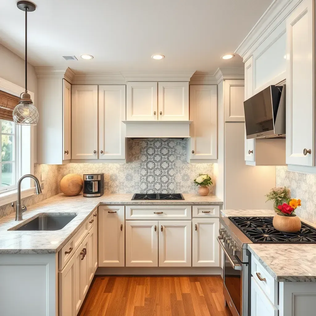 Modern Millersville, MD kitchen featuring white quartz countertops, navy cabinets, stainless steel appliances, and hardwood floors.