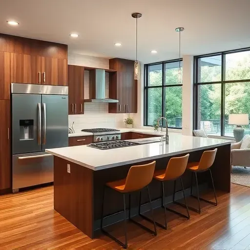 Stylish modern kitchen remodel in Silver Spring, MD with walnut cabinetry, quartz countertops, and stainless steel appliances.