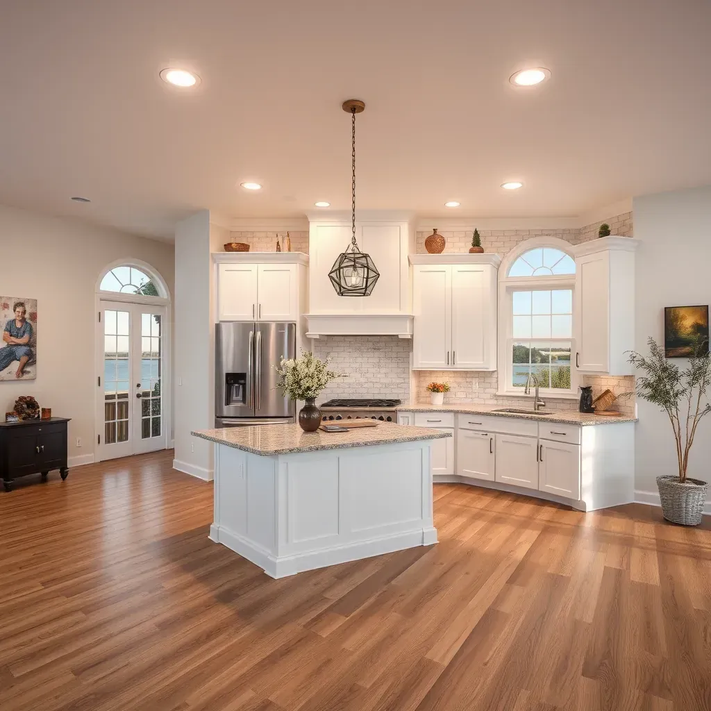 Remodeled Gibson Island waterfront home with modern exterior, landscaped yard, wooden deck, and Chesapeake Bay views.