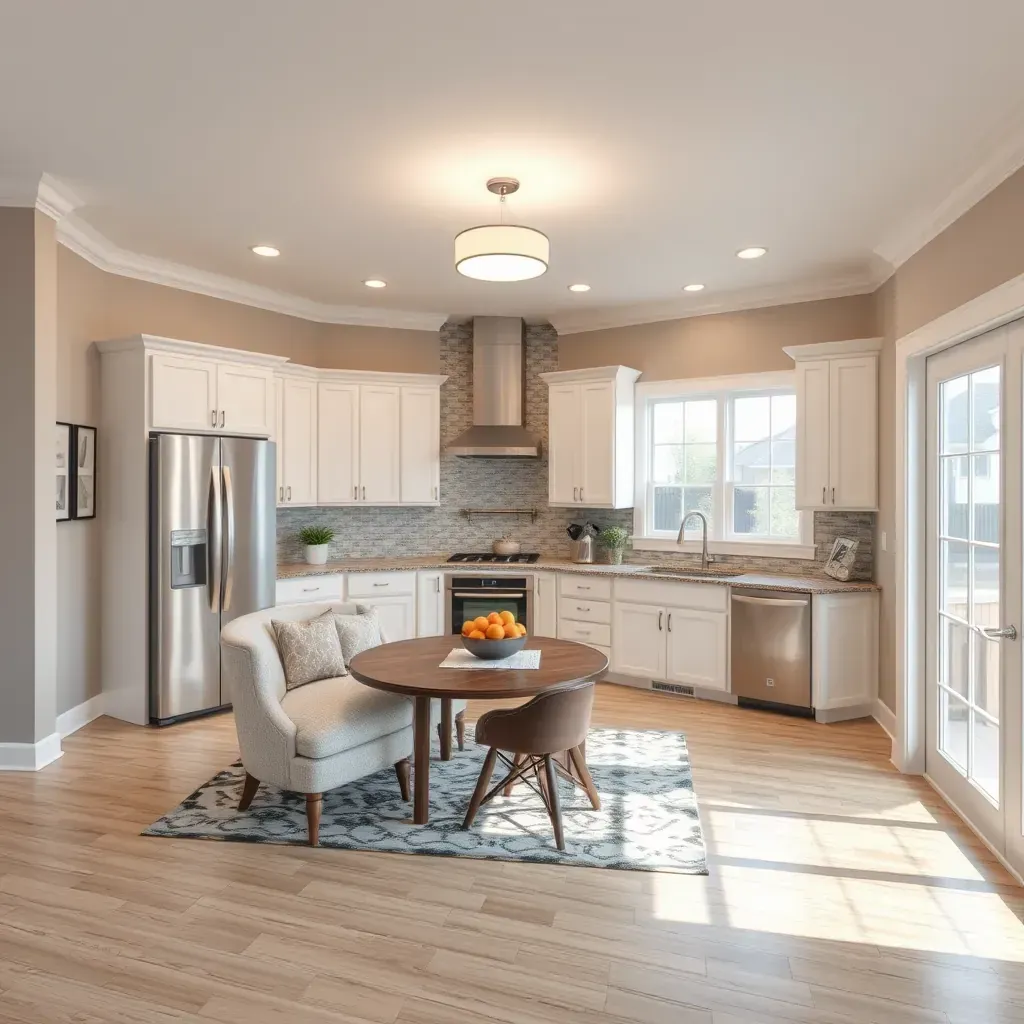 Modern Millersville kitchen with white shaker cabinets, quartz countertops, stainless steel appliances, and hardwood floors.