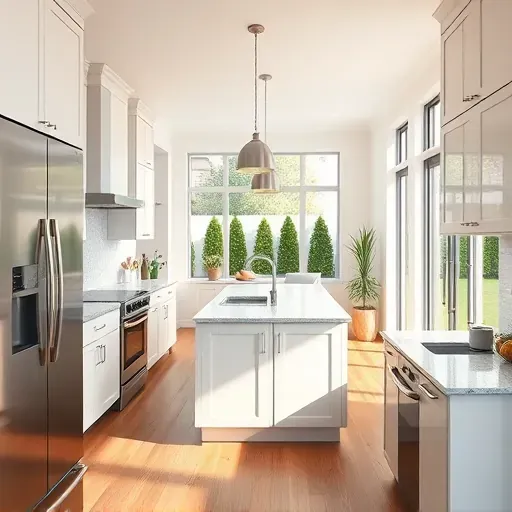 Modern remodeled kitchen in Pasadena MD, featuring neutral cabinetry, granite countertops, and stainless steel appliances.