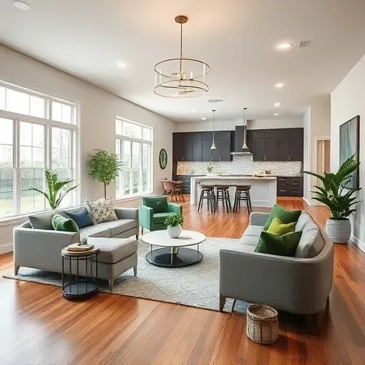 Remodeled living room in Middletown MD with modern furniture, bright windows, wood flooring, and integrated kitchen.