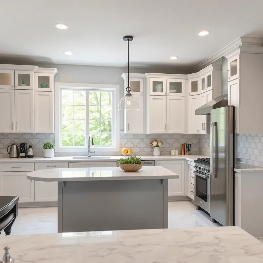 Remodeled Gibson Island, MD kitchen with white shaker cabinets, large waterfront windows, quartz countertops, stainless steel appliances, and coastal decor.