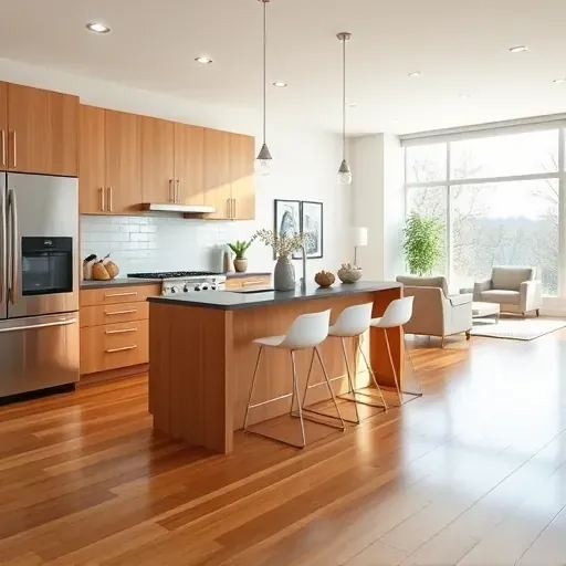 Modern kitchen remodel in Fallston MD, featuring sleek cabinets, high-end appliances, and polished hardwood flooring.