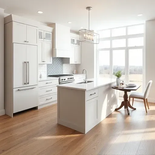 Modern kitchen remodel in Gibson Island MD with sleek cabinetry, quartz island, and spacious pantry in bright airy space.