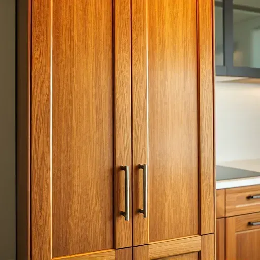 Refinished oak kitchen cabinet with glossy finish, rich wood tones, intricate grain, in a modern bright kitchen setting