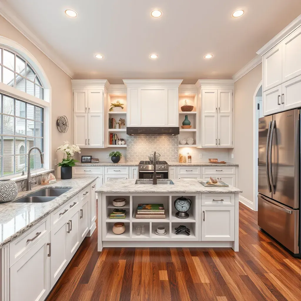 Modern kitchen remodel in Ijamsville, MD featuring white quartz countertops, wood cabinets, stainless steel appliances, and a large island.