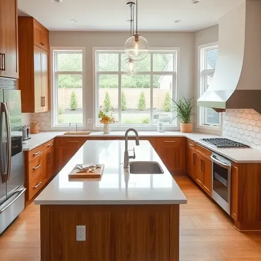 Remodeled modern kitchen in Dunkirk Maryland with warm wood cabinets stainless steel appliances quartz island and landscaped backyard view