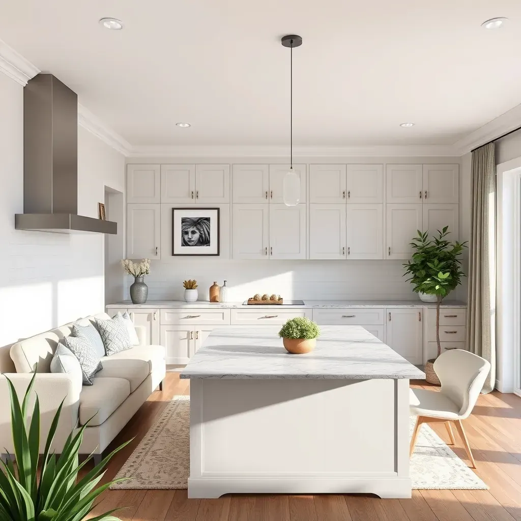Modern Bethesda, MD kitchen with white cabinets, quartz counters, stainless steel appliances, hardwood floors, and natural light.