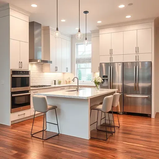 Recently remodeled contemporary kitchen in Pasadena MD with sleek cabinetry, quartz countertops, modern appliances and natural light.