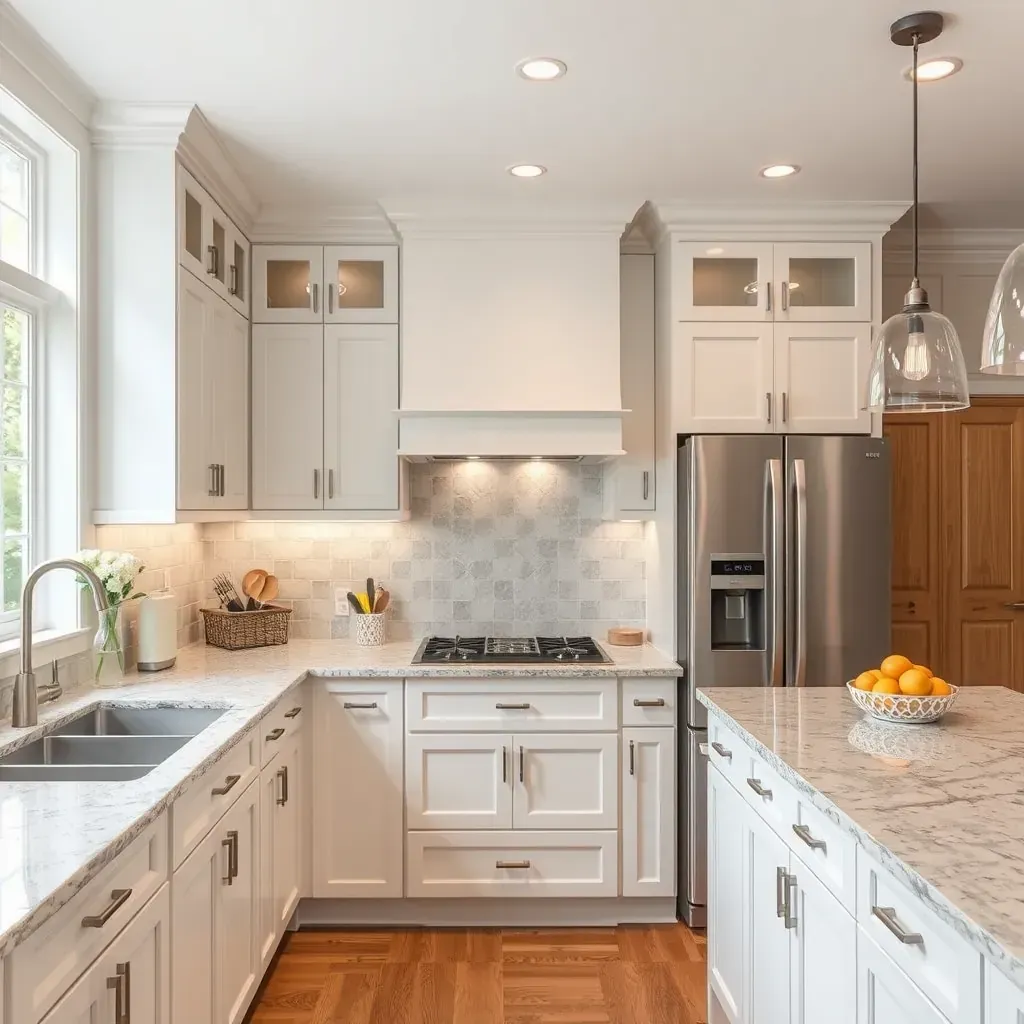 Modern Marriottsville kitchen with oak floors, gray cabinets, quartz island, stainless appliances, and ample natural light.