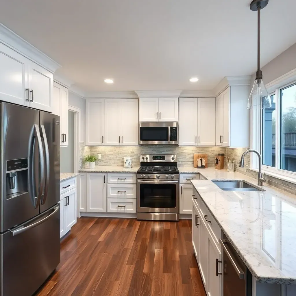 A modern Glenel, MD kitchen with a spacious island, white cabinets, stainless appliances, herringbone backsplash, and large windows.