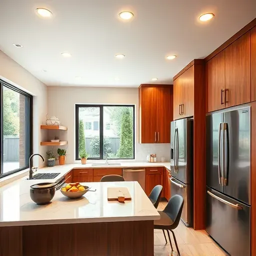 Modern Pasadena kitchen with warm wood cabinets, marble countertops, recessed LED lights, stainless steel appliances, and scenic backyard view