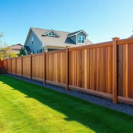 Newly installed polished wooden fence along a lush lawn of a suburban home in Pasadena Maryland with vibrant plants.