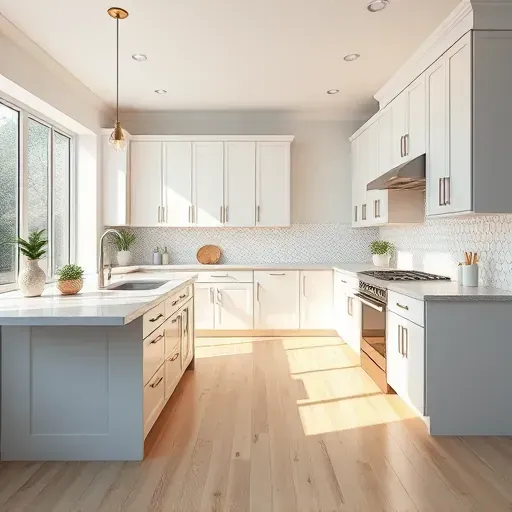 Modern Hanover MD kitchen remodel features white cabinetry, quartz island, stainless steel appliances, and geometric backsplash.