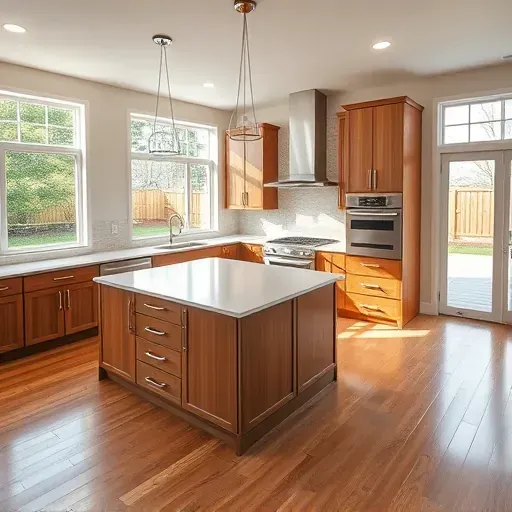 Remodeled open-concept Pasadena kitchen with granite countertops stainless steel appliances custom wood cabinets hardwood floors and natural light