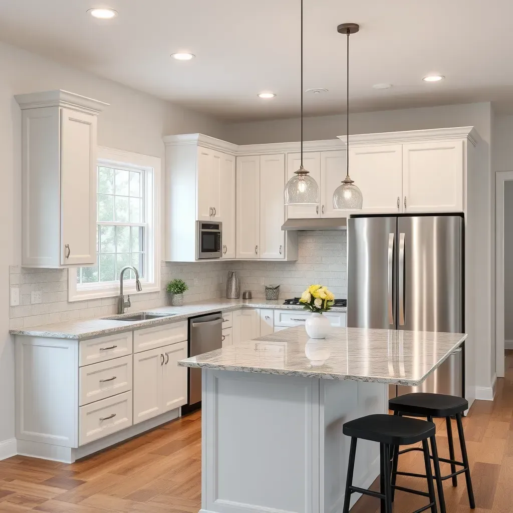 Modern kitchen remodel in Huntingtown, MD with sleek cabinets, granite countertops, stainless appliances, and bright lighting.