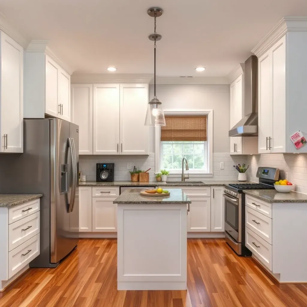 Modern Mount Airy, MD kitchen with quartz countertops, gray cabinets, stainless steel appliances, and hardwood floors.