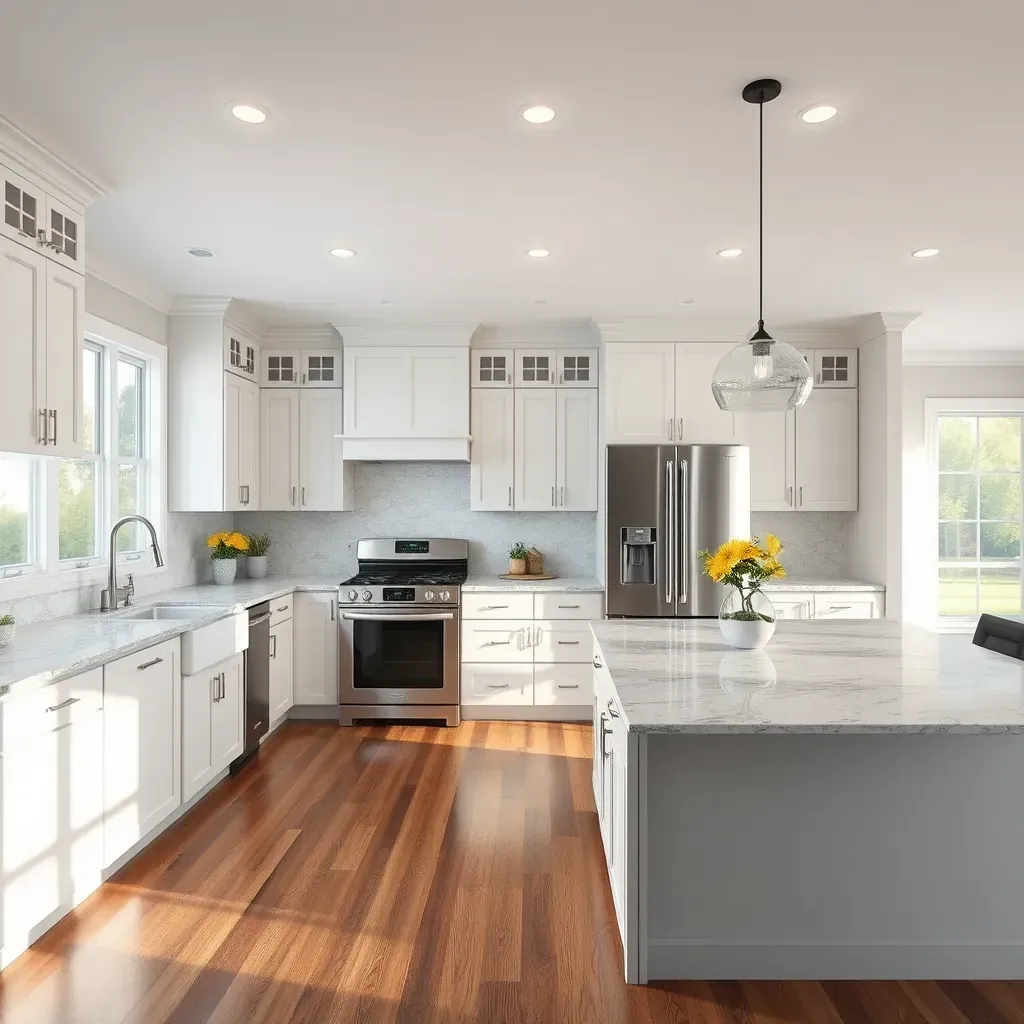 Remodeled Highland, MD kitchen with modern matte cabinetry, granite countertops, stainless appliances, hardwood floors, and natural light.