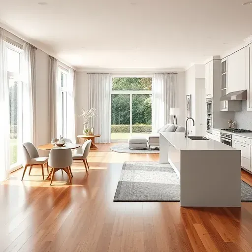 Elegant remodeled living space in Woodbine MD features open floor plan, hardwood floors, large windows, and gourmet kitchen.