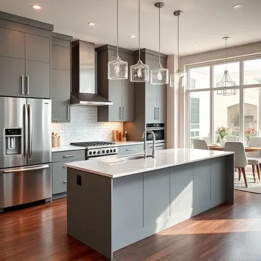 Remodeled kitchen in Derwood MD with modern cabinetry, marble island, stainless steel appliances, and natural light.