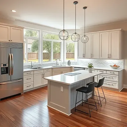 A modern Huntingtown MD kitchen features sleek cabinetry, quartz countertops, stainless steel appliances, and natural light.
