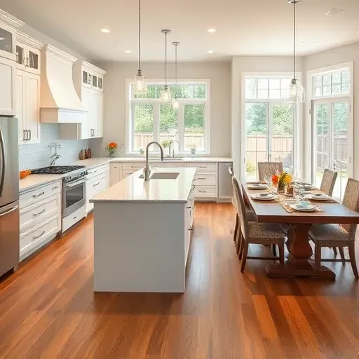 Renovated kitchen in Millersville MD features white cabinetry, quartz countertops, and a rustic dining area in a bright space.
