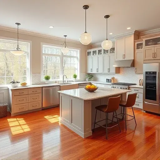 Modern kitchen remodel in Mount Airy MD with granite countertops, stainless appliances, and elegant pendant lighting.