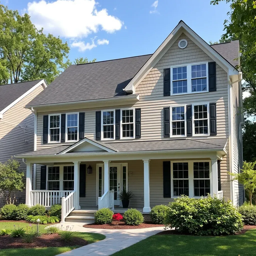Detailed image of colorful house siding in Pasadena, MD, showcasing various textures and vibrant outdoor autumn setting.