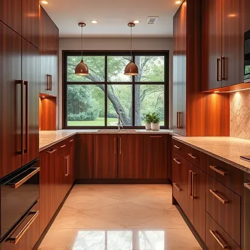Custom modern kitchen in Pasadena Maryland with detailed woodgrain cabinets, polished granite countertops, and natural light.