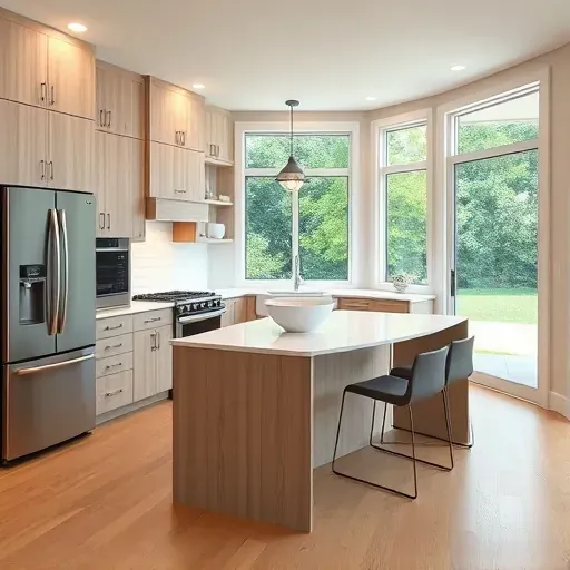 Modern renovated Gibson Island kitchen with light oak cabinets, quartz countertops, stainless steel appliances, and natural light