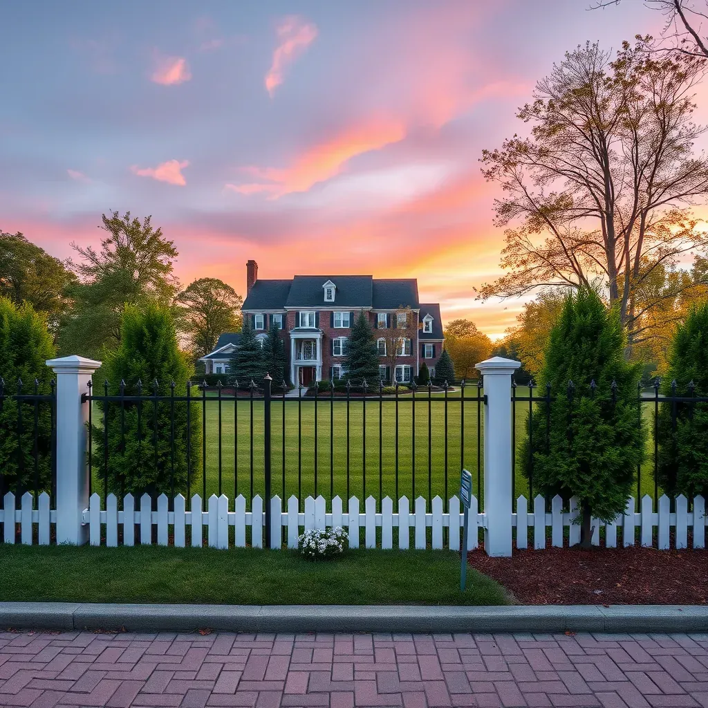 Beautiful residential fence in Pasadena, MD, with lush lawns, colorful flowers, charming houses, and a bright sunny sky.