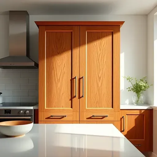 Refinished wooden kitchen cabinet with glossy finish, intricate wood grain, modern setting, clean countertop, and natural lighting