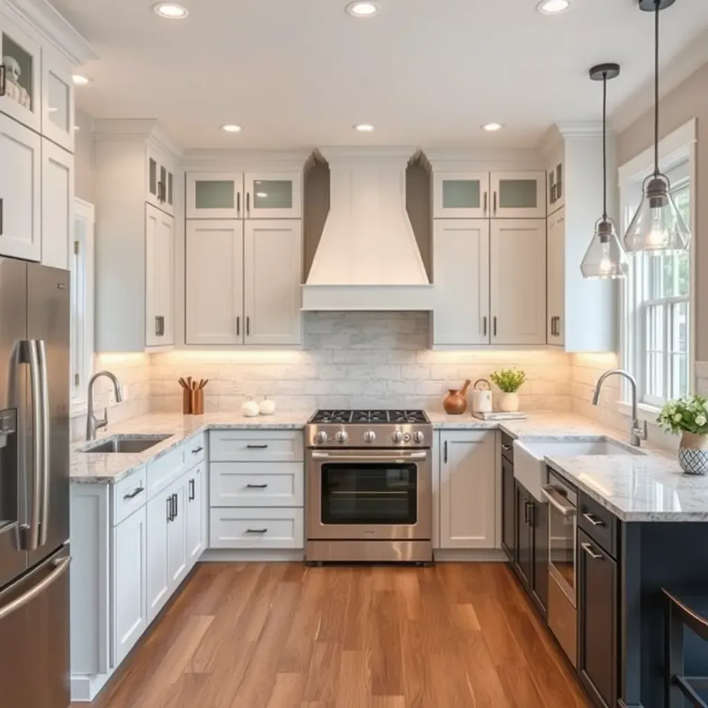 Modern Annapolis kitchen with wood and black cabinetry, quartz counters, backsplash, island, stainless steel appliances, and harbor views.