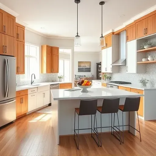 Remodeled kitchen in Gambrills MD with warm wood cabinets, polished quartz countertops, an island, and natural light.