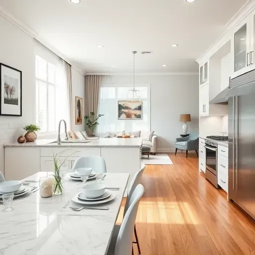 Modern kitchen remodel in Glenel MD features white cabinetry granite counters and bright inviting natural light.