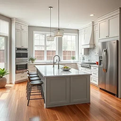 Modern renovated kitchen in Huntingtown MD with sleek cabinetry marble island stainless steel appliances hardwood floors and natural light