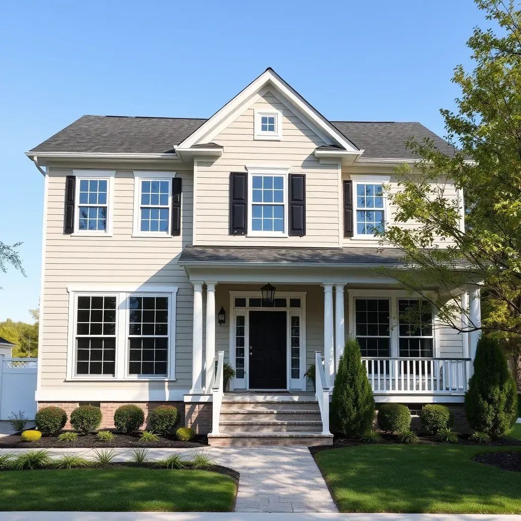Renovated West Friendship MD home with new siding, porch, garden, materials, and lush landscape highlights home transformation.