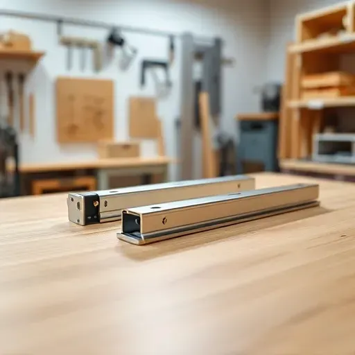 Display of high-quality soft-close drawer slides with smooth metal finish on a polished wood surface in a modern workshop setting