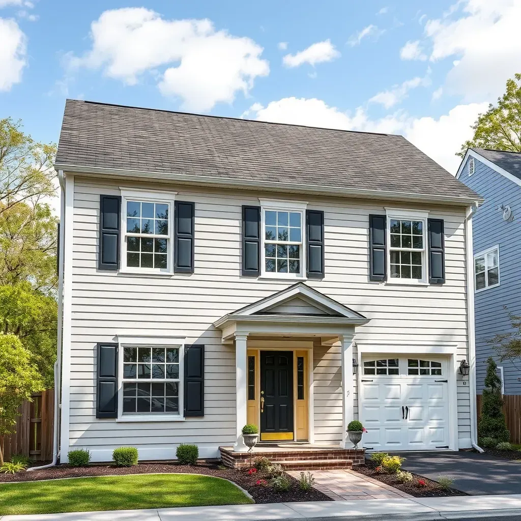 Vinyl siding on a Pasadena home with lush lawn, stone path, trees, and a waterfront view under clear skies.
