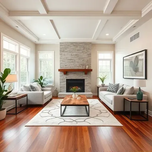 Luxurious remodeled living room in Mount Airy MD with hardwood floors, modern fireplace, and elegant decor in neutral tones.