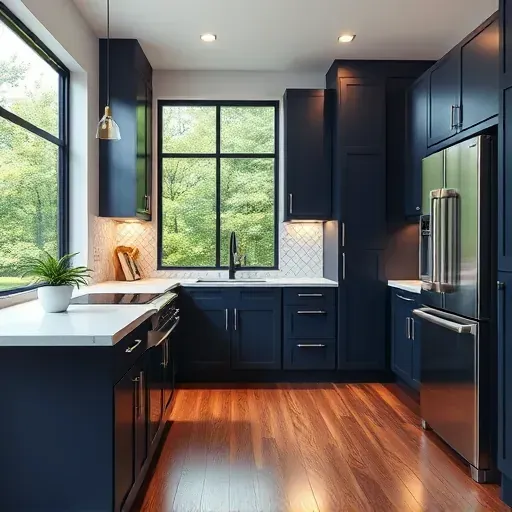 Modern kitchen remodel in Marriottsville MD with navy cabinets, white marble counters, geometric backsplash, and stainless steel appliances.