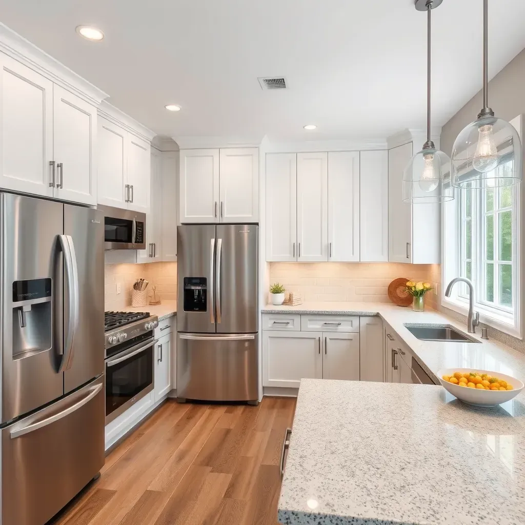 Modern Clarksburg, MD kitchen with white marble countertops, shaker cabinets, stainless appliances, and hardwood flooring.